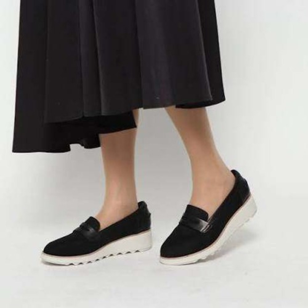 Clarks Sharon Ranch Black‎ Nubuck Leather Wedge Penny Loafers NEW 9.5 W